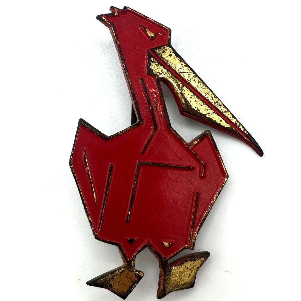 1930s 1940s vintage antique gold tone brass red enamel pelican bird brooch